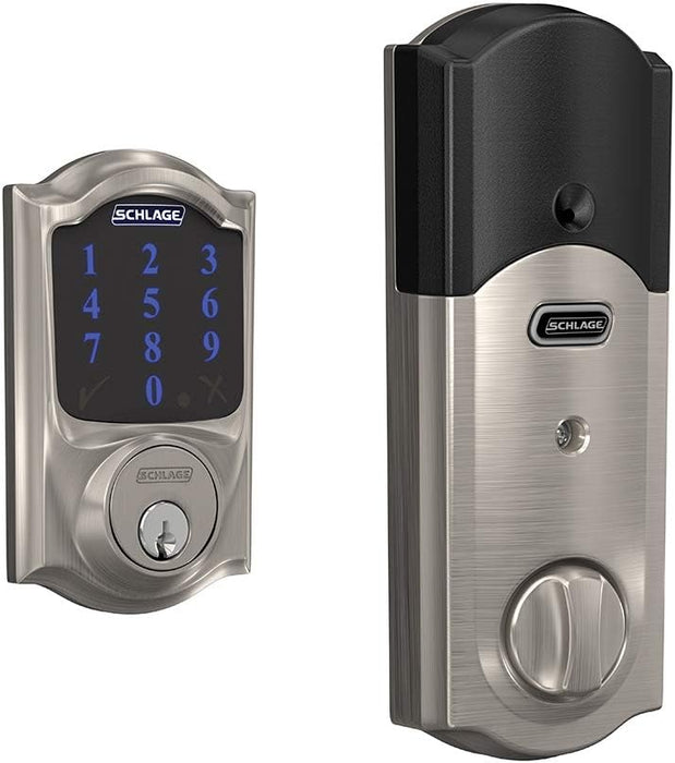 SCHLAGE BE469ZP CAM 619 Connect Smart Deadbolt with Alarm with Camelot Trim in Satin Nickel