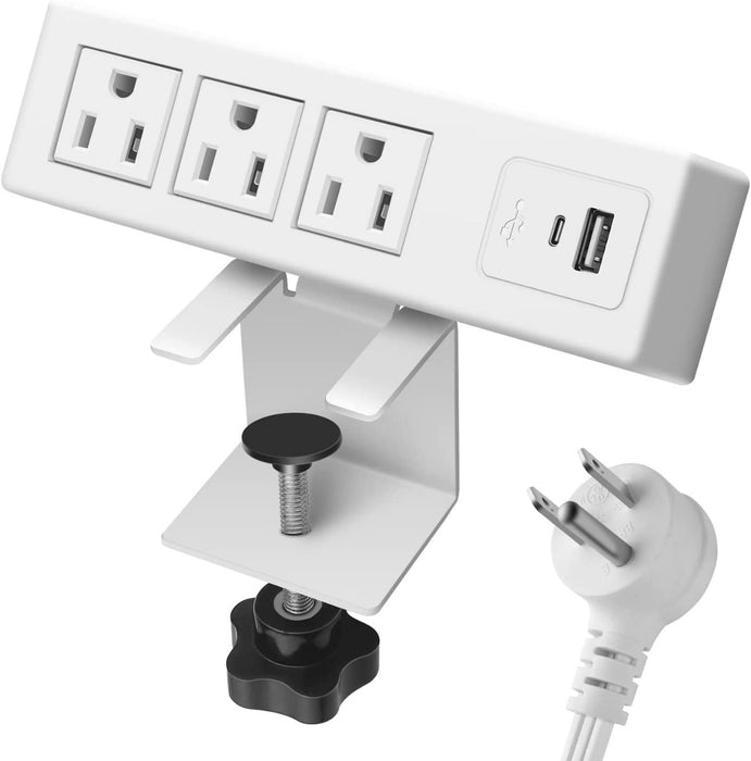 White Desktop Clamp Power Strip with USB, Outlet with 3 Plugs 1 USB A, 1 USB C