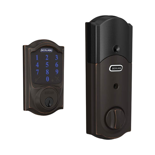 SCHLAGE BE469ZP CAM 716 Connect Smart Deadbolt with Alarm with Camelot Trim in Bronze