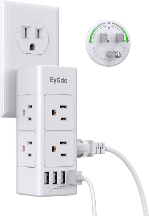 3 Prong Power Strip with Rotating Plug EyGde Multi Plug Outlet Extender - White