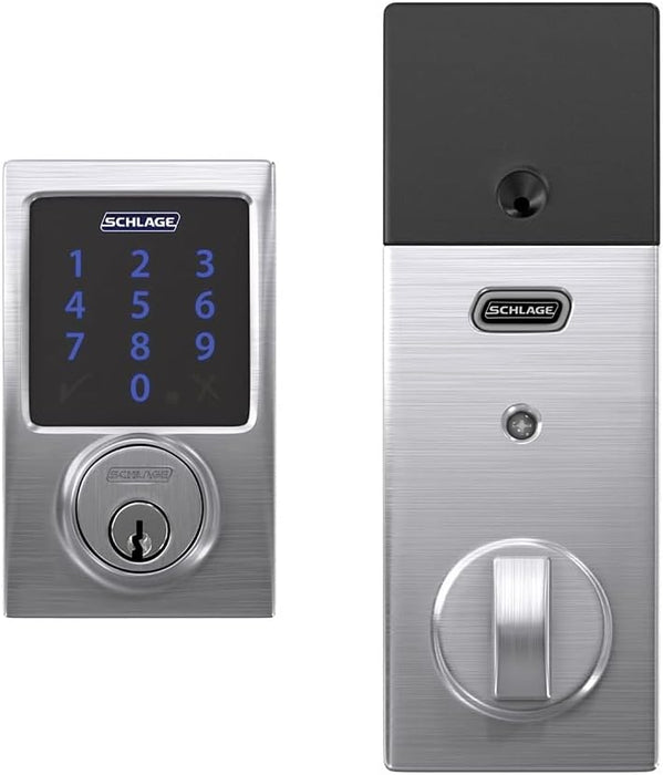 SCHLAGE BE469ZP CEN 626 Connect Smart Deadbolt With Alarm Inbuilt Century Trim In Satin Chrome