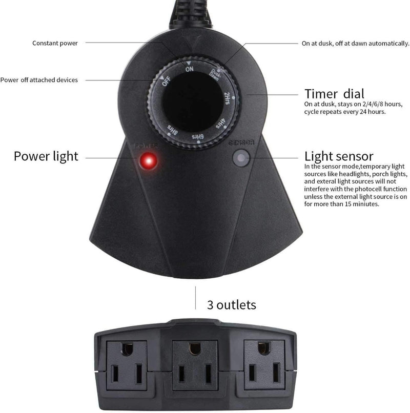 Heavy-Duty Outdoor Timer Photocell Controlled -  3Grounded Outlets