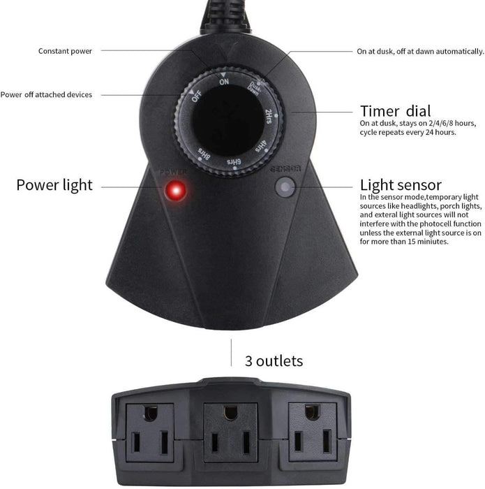Heavy-Duty Outdoor Timer Photocell Controlled -  3Grounded Outlets