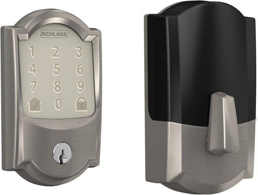 SCHLAGE BE489WB CAM 619 Connect Smart Deadbolt with Alarm with Camelot Trim in Satin Nickel