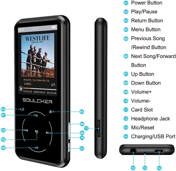 Soulcker 16GB MP3 Player with Bluetooth 4.0 - Black