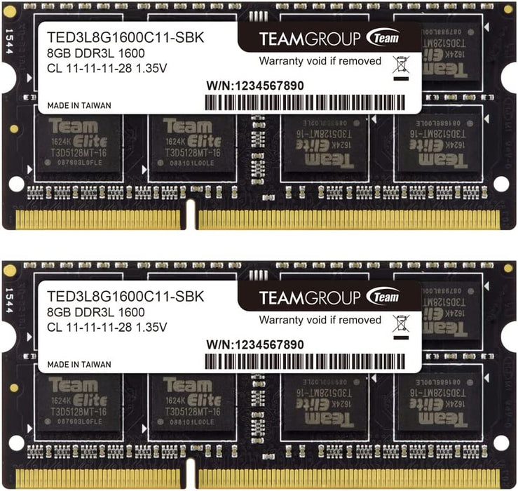 TEAMGROUP Elite DDR3L 16GB Kit (2 x 8GB) 1600MHz PC3-12800 CL11 Unbuffered Non-ECC 1.35V SODIMM 204-Pin Laptop Notebook PC Computer Memory Module