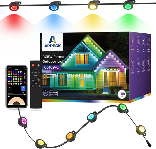 APPECK Permanent Outdoor Lights 100ft with 72 LEDs Smart RGBW String Lights Waterproof Remote Control for Christmas and More - Black