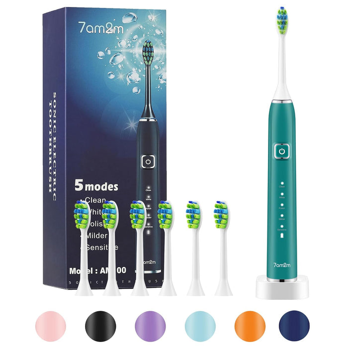 7AM2M Sonic Electric Toothbrush with 6 Brush Heads for Adults and Kids - Green