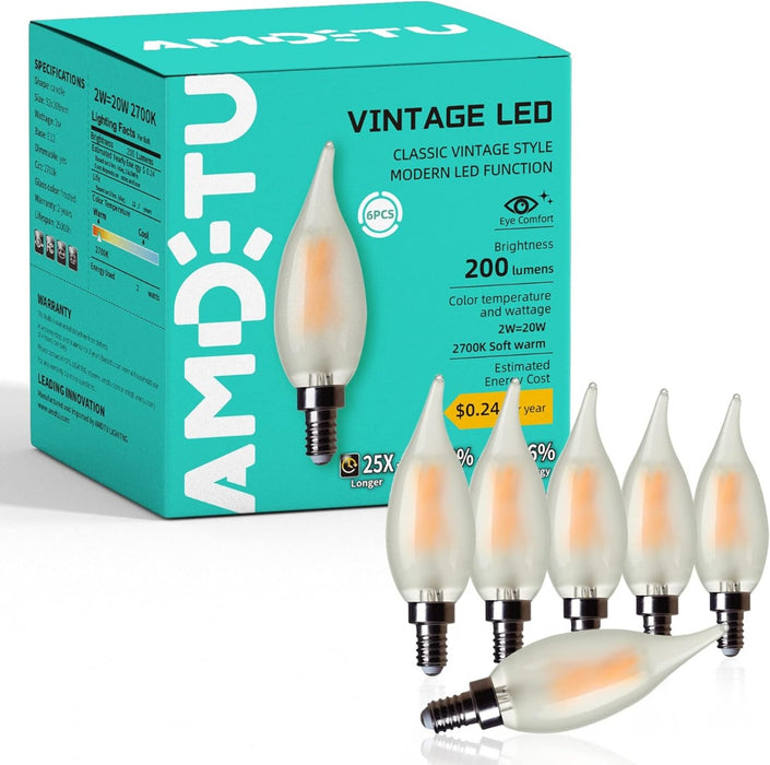 AMDTU Frosted Candelabra Light Bulbs 40 Watt Equivalent - 6 Pack