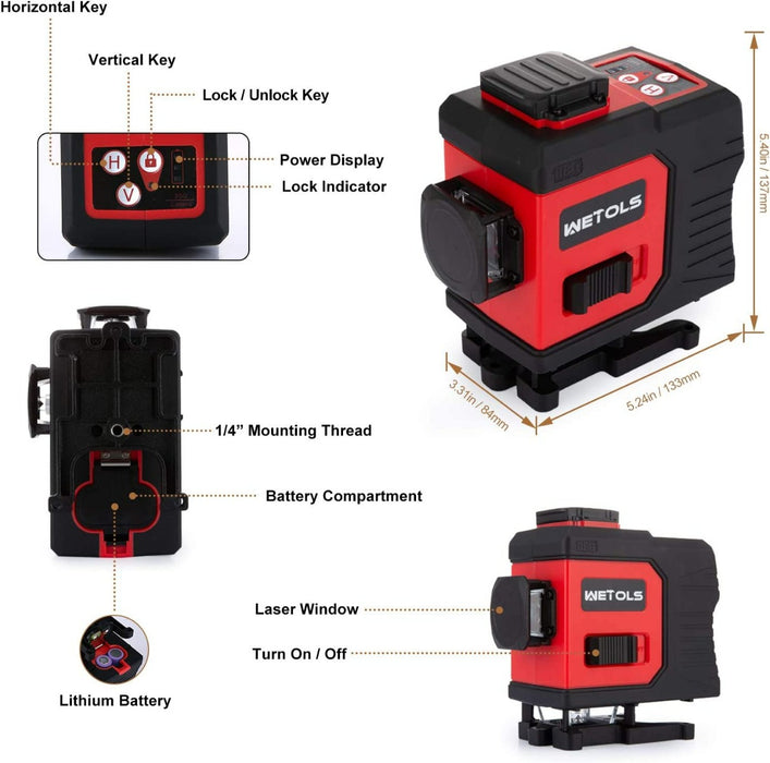 WETOLS 12 Lines Laser Level- 3x360° 3D Green Cross Line