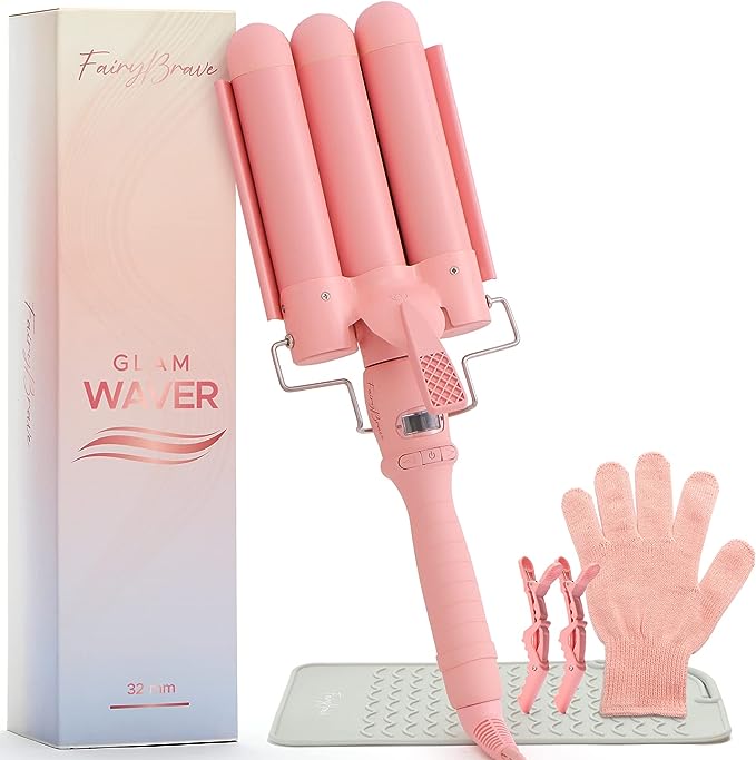 Fairy Brave Glam Waver Large 3 Barrel Curling Iron-Pink