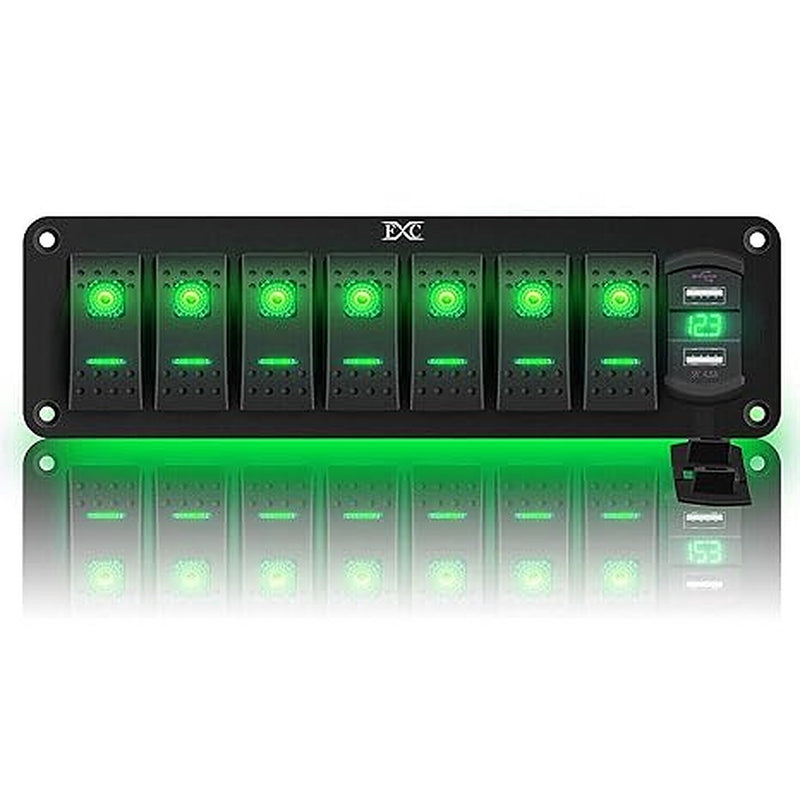 FXC KG153-7-GREEN-12V 24V DC 7 Gang Rocker Switch Aluminum Panel
