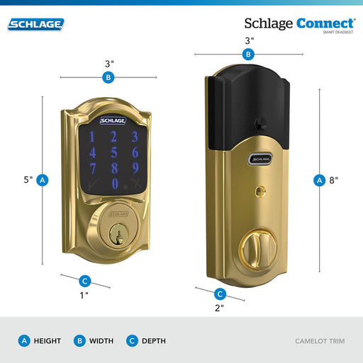 Schlage Camelot Bright Brass Electronic Connect Smart Deadbolt BE469ZP Cam 605
