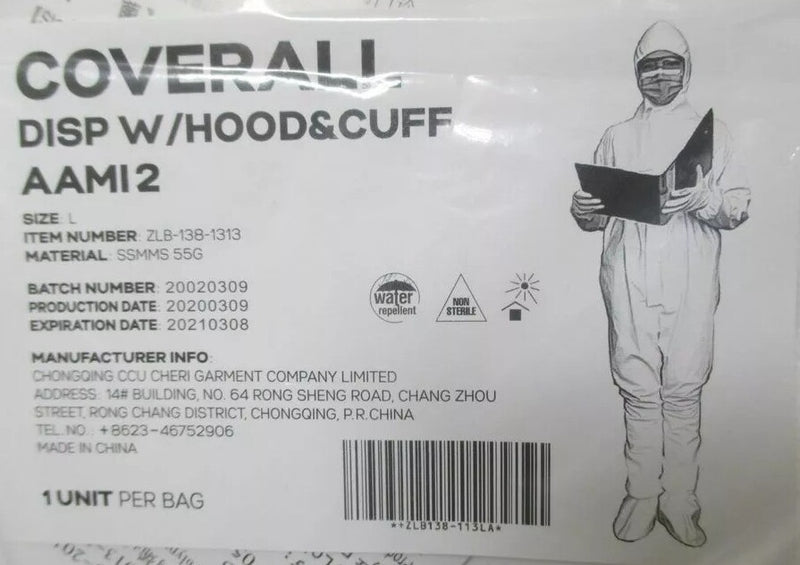 Disposable Protective Coverall w/Hood & Cuff Large White AAMI Level 2 Hazmat - 5 Pack