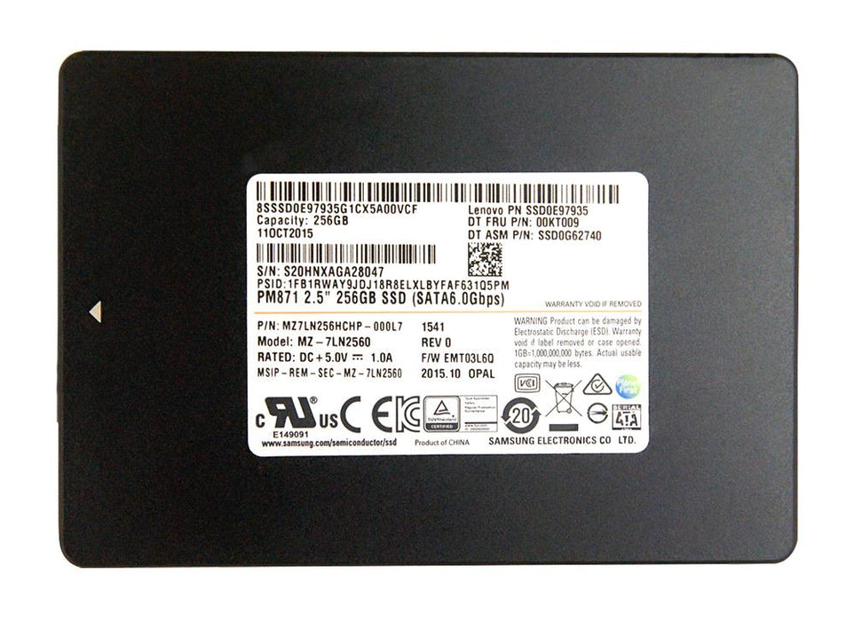 Samsung PM871 Series 256GB TLC SATA 6Gbps Mainstream Endurance (AES-256) 2.5-inch Internal Solid State Drive