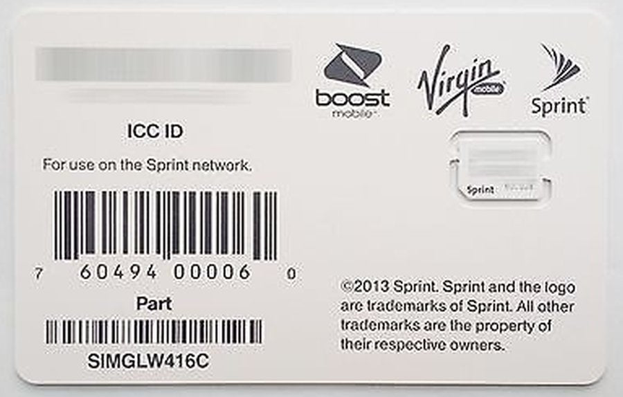Sprint Boost Virgin Mobile Nano SIM Card ICCID SIMGLW416C  for iPhone 5s & 5c