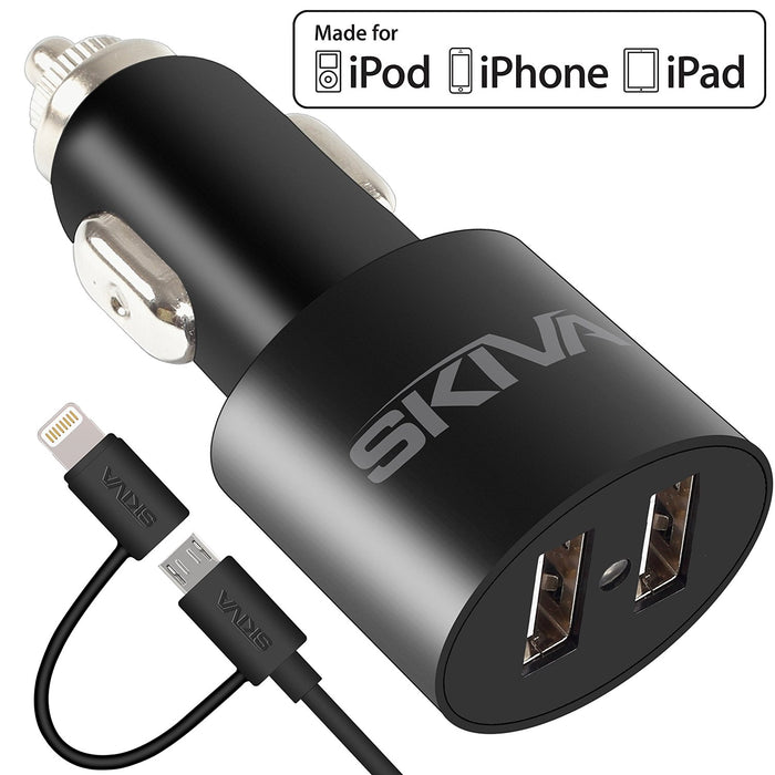 SKIVA AC108 PowerFlow Duo 4.2 AMP Car Charger - 2-in-1 Cable for Lightning and Micro-USB Devices