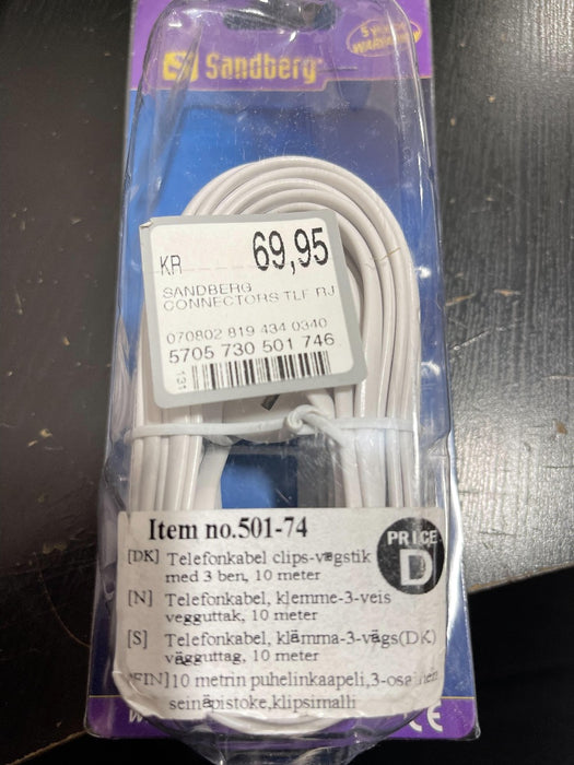 Sandberg 10m Telephone Cable Clip 3 Pins DK - White
