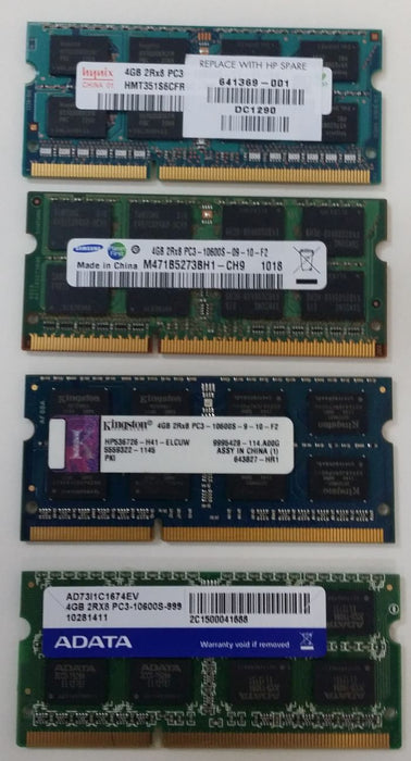 Assorted Major Brand 4GB SODIMM DDR3 PC3-10600 Laptop Memory